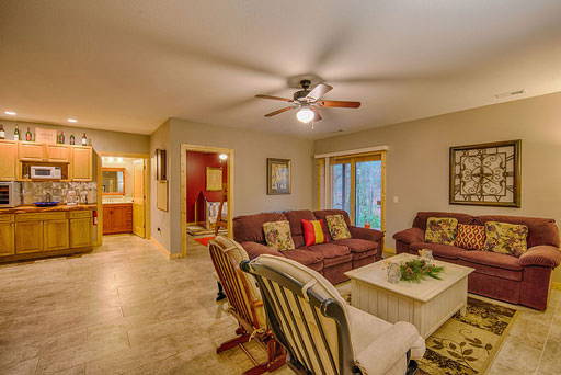 Lower level living area in Mountain Creek Cabin in Maggie Valley, NC