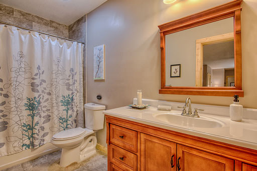 Lower level shared bathroom in Mountain Creek Cabin in Maggie Valley, NC